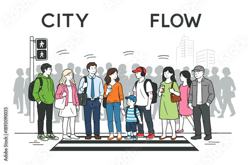 Diverse group at crosswalk in urban setting