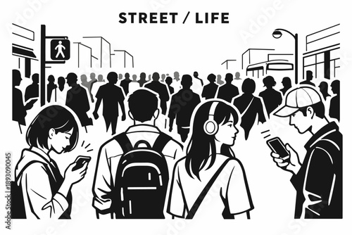 Black and white urban scene with diverse crowd and technology focus