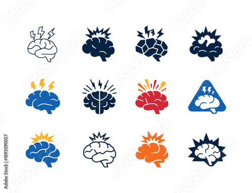 Stress Reaction Icons. How our body reacts to stress. Icon set. Set Logo of How our body reacts to stress: brain stress response. harmonious logo variations of