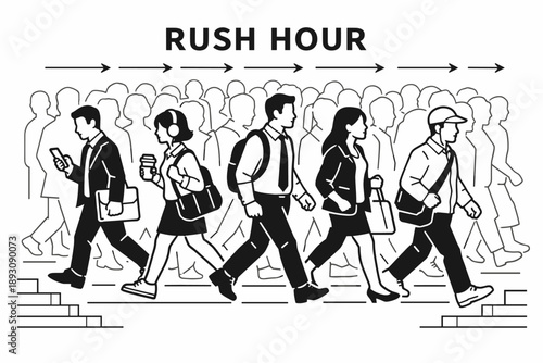 Rush hour: diverse adults commuting in city crowd illustration