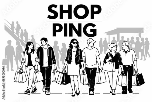 Group of shoppers with shopping bags, diverse adults walking at mall