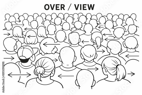 Diverse crowd overview with directional arrows highlighting movement