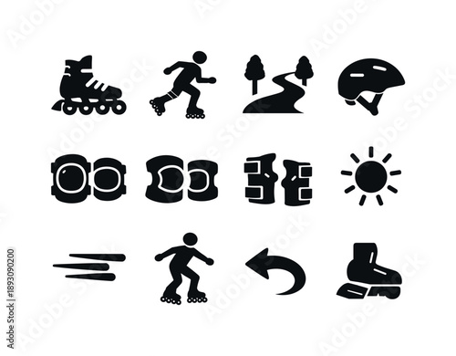 Rollerblading Icon Set. Outdoor Rollerblading. Solid icon set of Outdoor Rollerblading: inline skates, skater silhouette, park path, helmet, knee pads, elbow