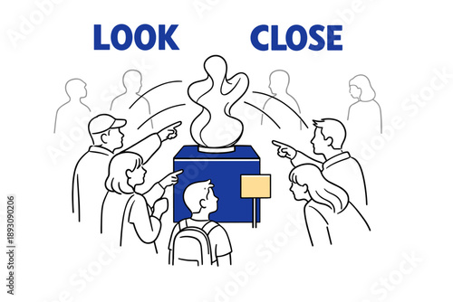 Diverse crowd engaging with abstract sculpture in interactive art exhibit