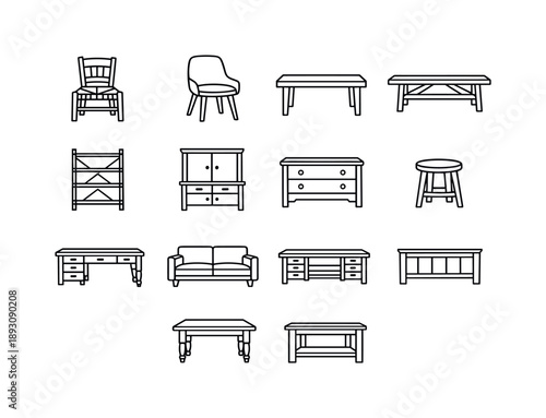 Furniture Icon Collection. Furniture styles. Line icon set of Furniture styles: rustic chair, mid-century chair, modern table, farmhouse bench, industrial