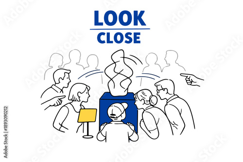 Diverse art gallery interaction with abstract sculpture and engaged visitors