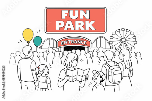 Family fun day at amusement park entrance with rides and balloons