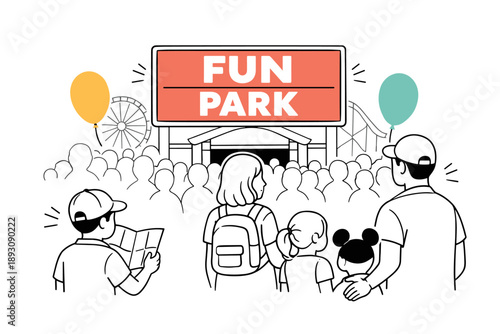 Family adventure in fun park with rides and balloons