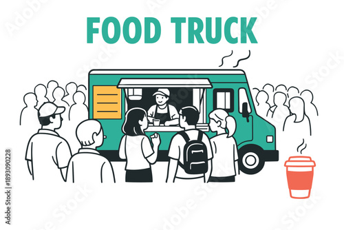 Food truck serving crowd in urban setting with diverse group of adults