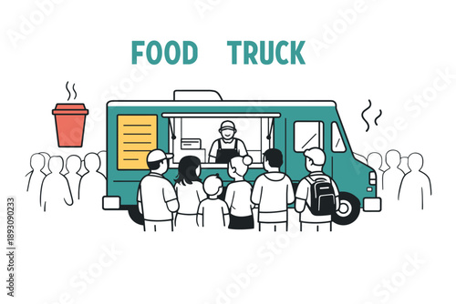 Food truck gathering with diverse adults at outdoor market
