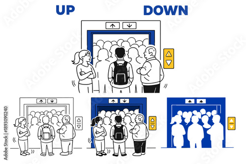 Cartoon illustration of diverse individuals waiting for elevators