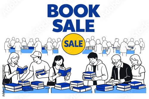 Diverse group of people browsing books at a busy book sale event