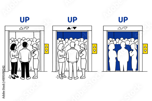 Crowded elevators with diverse groups of people