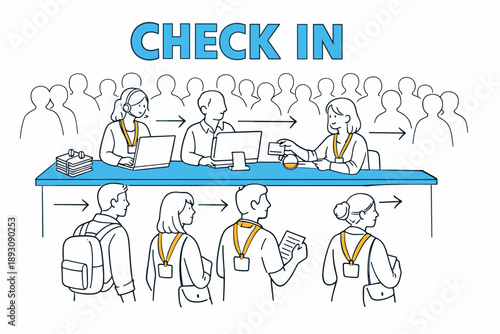 Conference check-in desk with attendees and staff interaction