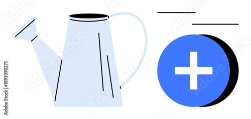 Gardening concept. Gardening by a watering can and a plus sign growth and nurturing. Gardening enhances plant care, development, and creativity. For ecology, sustainability, horticulture