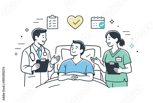 Hospital Care Dialogue. Compassionate hospital care. A doctor and nurse calmly discussing recovery steps with a patient, friendly communication and trust.