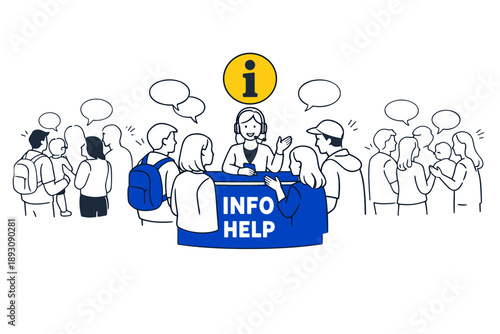 Busy info help desk with diverse crowd seeking assistance