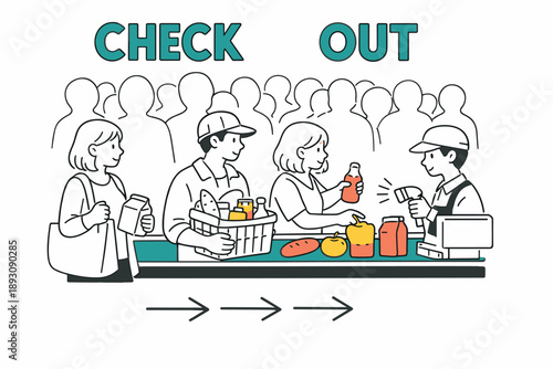 Grocery checkout process with diverse shoppers and cashier interaction