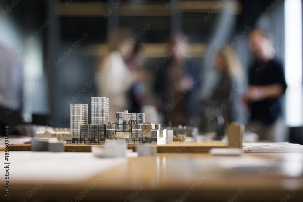 Obraz premium Model of a modern city layout on a wooden table with people discussing in the background during a design meeting in a bright office space