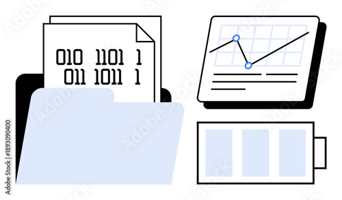 Folder with binary code files, a graph with trending data on screen, and a battery icon. Ideal for data management, analytics, productivity, software, energy, digital storage technical workflows