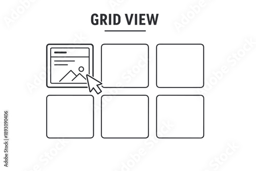 Minimalist grid view layout with cursor highlighting image icon on white background