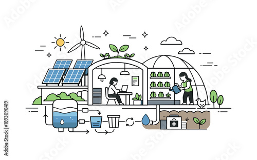 Sustainable Living Module. Self-sustaining habitat concept. A compact habitat with greenery, solar panels, and water recycling elements working together. The