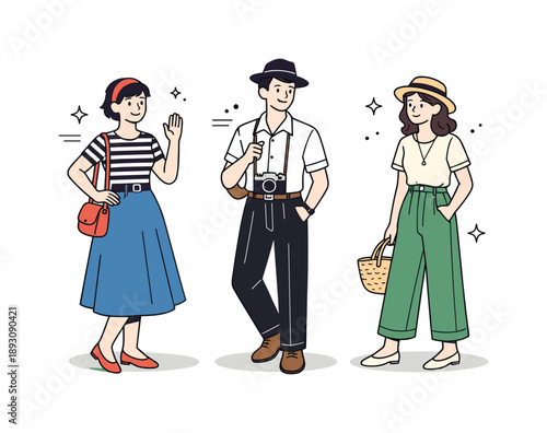 Retro Chic Ensemble. Retro-inspired daily wear. People confidently dressed in vintage garments, simple accessories and classic silhouettes conveying timeless