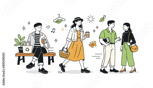 Vintage Fashion Vibes. Slow fashion culture. People enjoying vintage outfits in everyday life, relaxed movement and open space emphasizing sustainability,