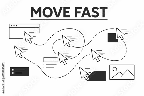Move fast concept with web elements and mouse cursors