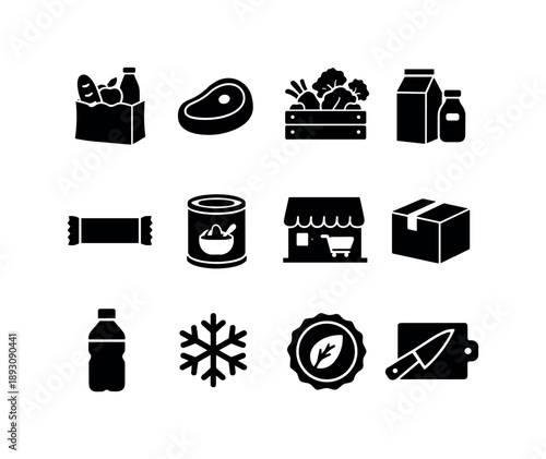 Essential Grocery Icons. Essential Groceries. Solid icon set of Essential Groceries: food essentials, meat cut, vegetables crate, dairy icon, snack bar, soup