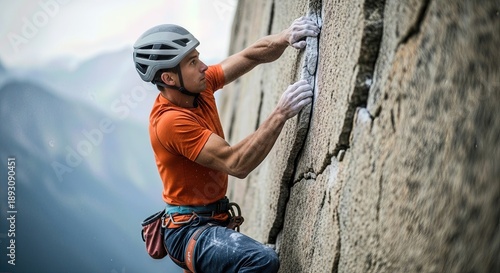 Wallpaper Mural Focused athlete performs strenuous ascent on rugged rock face. Chalked hands grip tightly; wears helmet, harness. Intense pursuit showcases determination, courage achieving goal. Torontodigital.ca