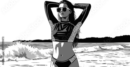 Beautiful woman in sunglasses posing on sunny summer beach, design for vacation advertisements, swimwear catalogs and travel blogs. Transparent background EPS version.