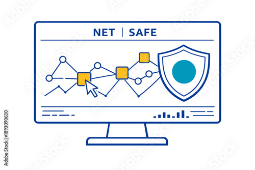 Network security concept with data protection shield and graphical analysis