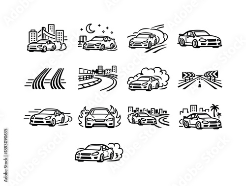Street Drifting Icons. Street drifting. Line icon set of Street drifting: urban drift, night racing, street corner slide, sports sedan, asphalt skid, city
