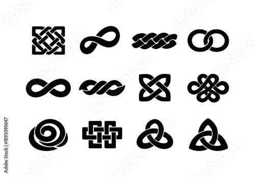 Abstract Knot Icons. Abstract knots. Solid icon set of Abstract knots: geometric knot, stylized loop, braided strands, interlocking rings, infinite tangle,