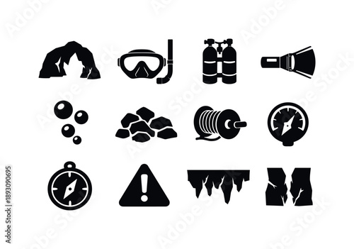 Sunken Cave Icons. Sunken Cave Exploration. Solid icon set of Sunken Cave Exploration: cave opening, diver mask, scuba tank, flashlight beam, air bubbles, rock