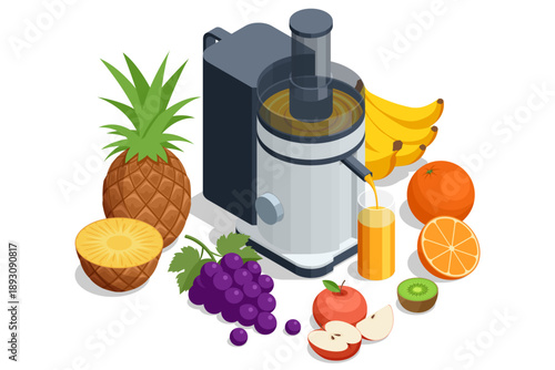 Isometric vector illustration of a modern electric juicer with fresh fruit. Set include pineapple, grape, apple, orange, banana, and kiwi with a glass of juice. Healthy food appliance and detox drink