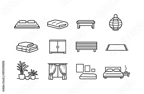 Zen Bedroom Icons. Zen Bedroom Interior. Line icon set of Zen Bedroom Interior: low platform bed, futon mattress, simple bedside table, paper lantern light,