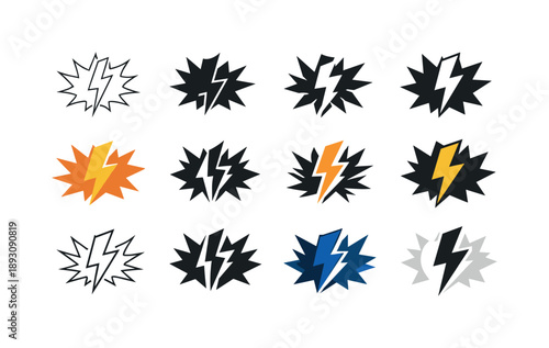 Power Surge Logos. Power surge metaphor. Icon set. Set Logo of power surge metaphor: lightning bolt burst. harmonious logo variations of the same emblematic