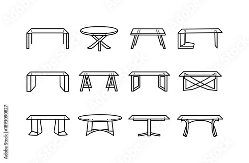 Transparent Table Icons. Transparent table design. Line icon set of Transparent table design: invisible tabletop, clean line furniture, futuristic table,