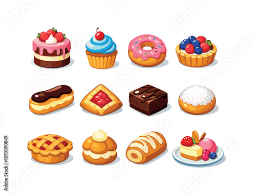 Colorful Bakery Icons. Bakery desserts. Colorful flat vector icons set of bakery desserts: layered cake, icing cupcake, sugar donut, berry tart, cream eclair,