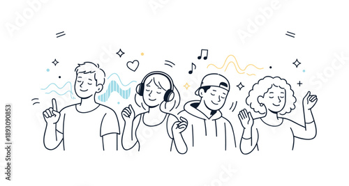 Joyful Concert Vibes. Concert audience enjoying music. People smiling and gently moving to the rhythm, simple light beams and abstract sound waves around.