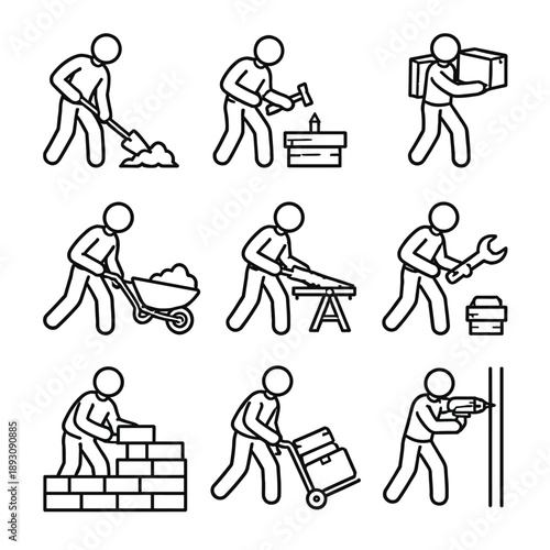Construction Worker Icon Set for Various Tasks
