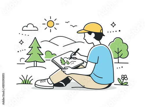 Outdoor Sketching Serenity. Sketching outdoors. A person sitting in nature with a sketchbook, calmly drawing trees and landscape, relaxed posture and quiet