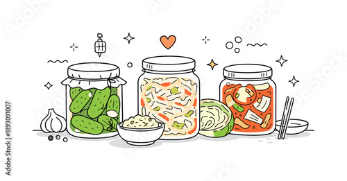 Artisanal Pickling Display. Home fermentation concept. Several jars with pickles, sauerkraut, and kimchi shown in a tidy still life composition. Natural and