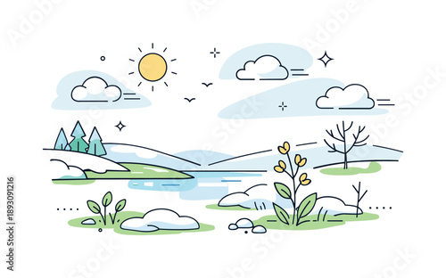 Spring Awakening Scene. Early spring morning. A light landscape with remaining snow patches, budding plants, and soft clouds moving slowly. Fresh, calm