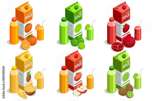 Isometric vector set of fruit juice carton box and bottle. Collection include orange, lime, pomegranate, pineapple, apple, and kiwi flavor with glass and straw. Grocery product pack design isolated on