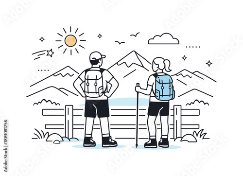 Scenic Mountain Hike. People hiking scenic view. Hikers standing at a viewpoint looking at mountains and sky. Sense of achievement and quiet inspiration.