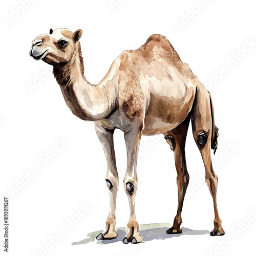 Camel, watercolor painting with colorful accents, isolated on a white background.