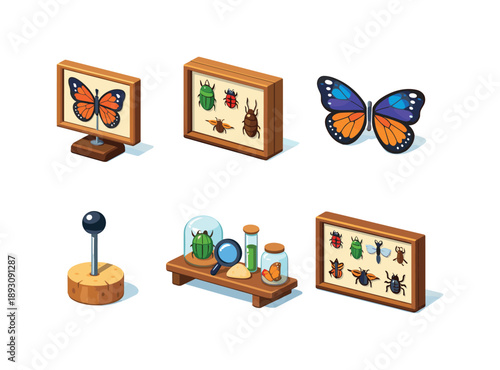 Entomology Icon Grid. Entomology Art. Isometric flat vector icons set of Entomology Art: mounted butterfly specimen, entomology frame box,